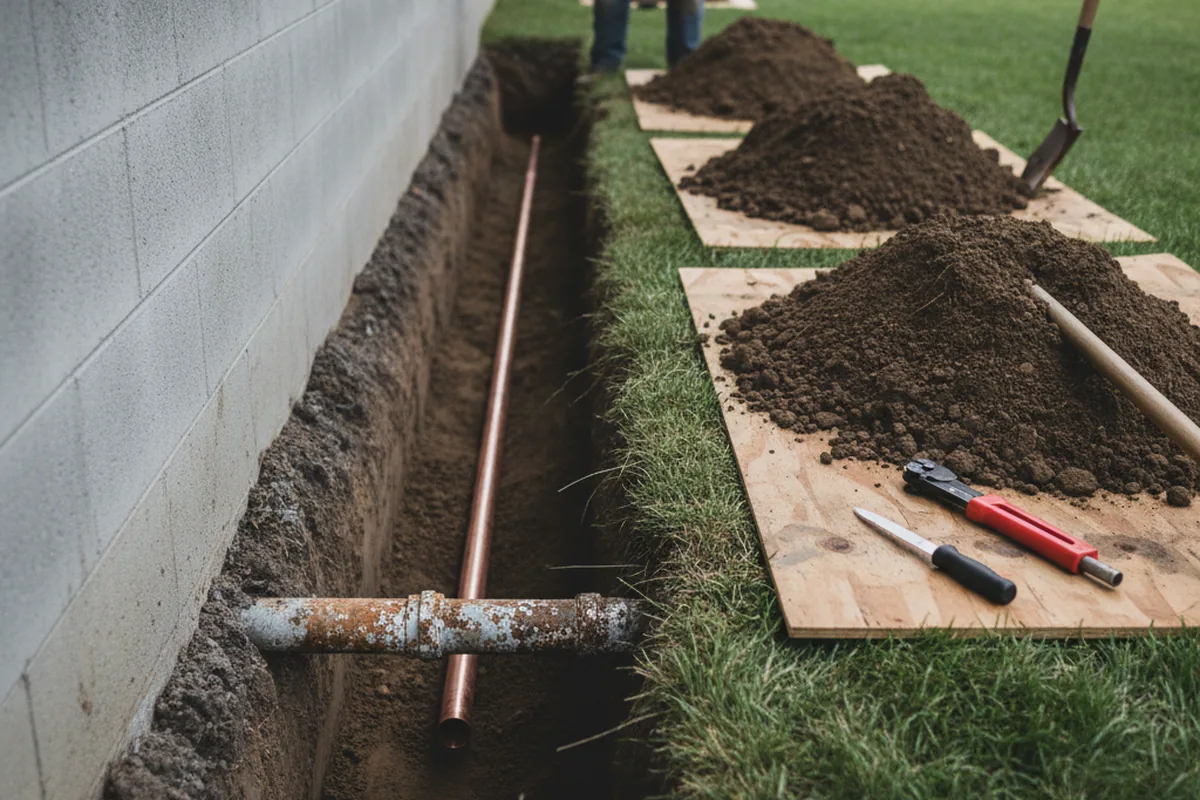 Excavated water line trench during Water Heater Repair in Cobb